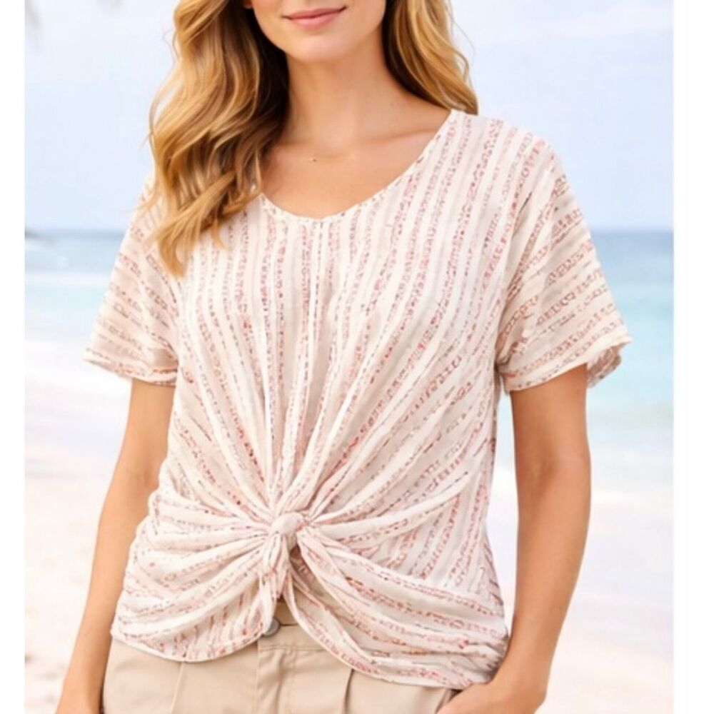 Anthropologie Potters Pot white linen textured cropped knot front blouse